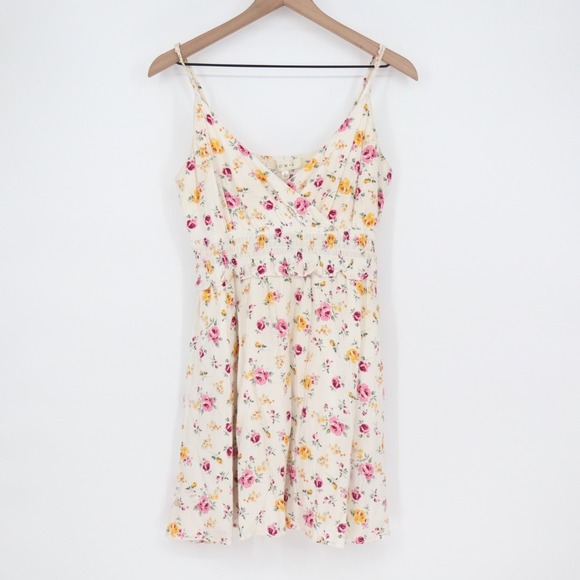 ROWA Floral Print Mini Dress Cream Pink Yellow Spaghetti Strap V Neck L - Picture 2 of 6